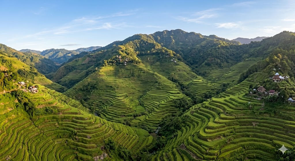Panoramic aerial view of the ancient, hand-carved Banaue Rice Terraces cascading down steep green mountains in Ifugao.