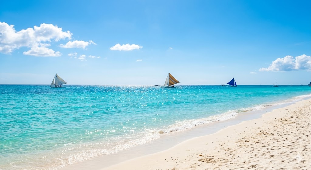 Pristine powder-white sand and vibrant turquoise waters at White Beach on Boracay Island with traditional sailboats in the distance.