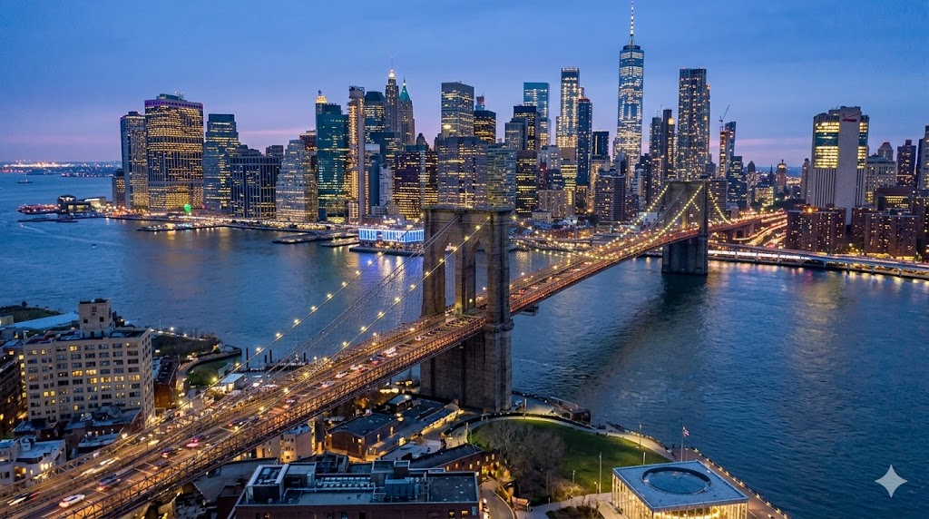 An aerial dusk view of the Brooklyn Bridge's massive granite towers connecting Brooklyn to the glittering Manhattan skyline in New York City.