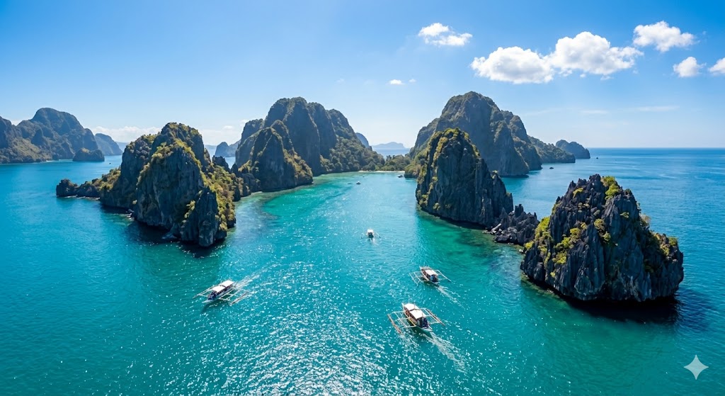 Aerial drone view of the towering limestone karst cliffs and emerald waters of Bacuit Bay in El Nido, Palawan.