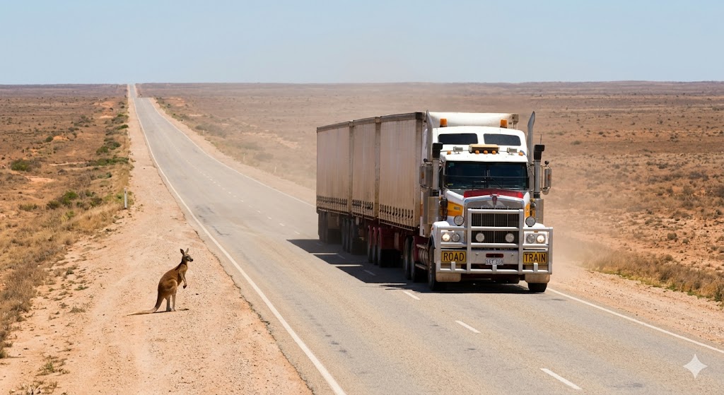 Long straight stretch of the Eyre Highway in the Australian outback with a road train and a kangaroo.