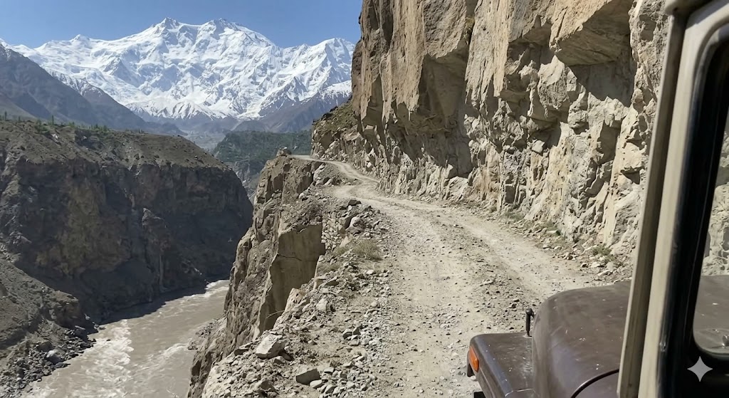 Jeep driving on the treacherous hand-carved Fairy Meadows track overlooking a deep river gorge in Pakistan.