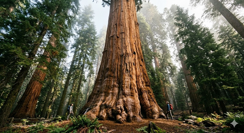 An awe-inspiring extreme low-angle view of the General Sherman tree in Sequoia National Park, towering vertically into a dense morning mist.