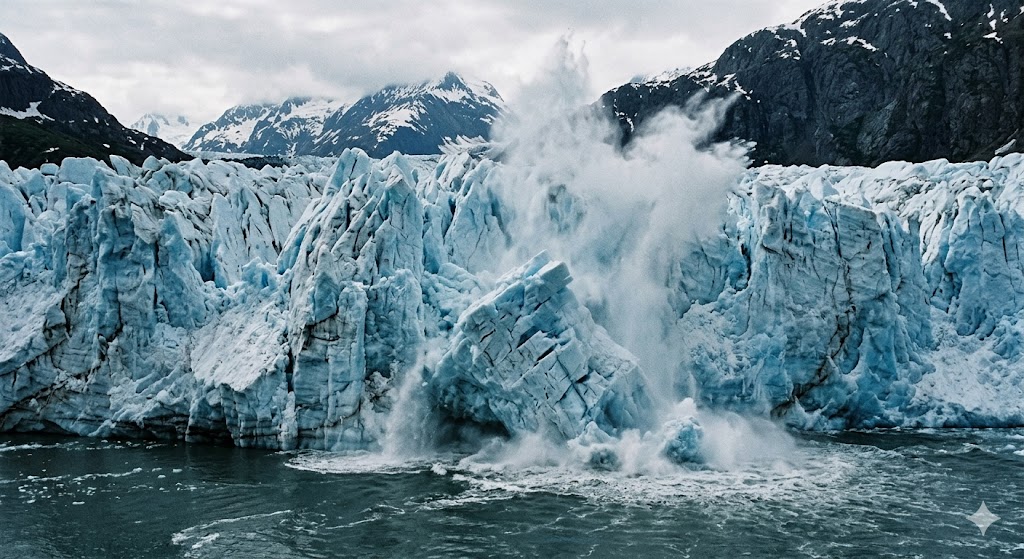 A colossal blue-white ice wall calving at Glacier Bay, with a massive chunk of ice crashing into the freezing dark waters and creating a shockwave of mist.