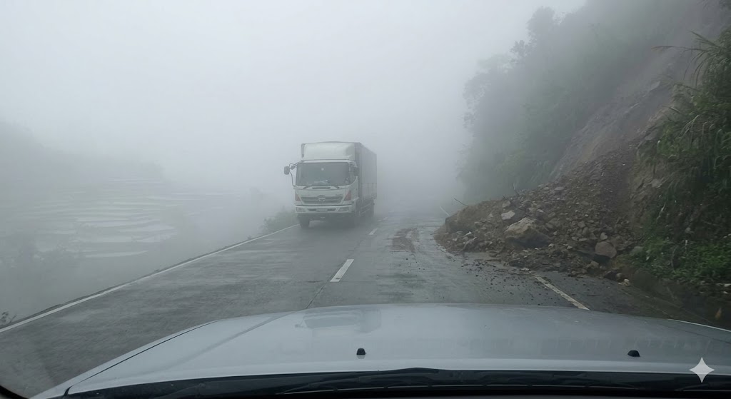 Dangerous driving conditions with zero-visibility thick fog and landslides on the Halsema Highway in the Philippines.