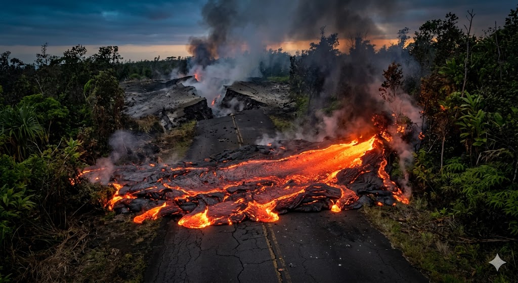 A jagged smoking volcanic fissure on the Big Island of Hawaii at twilight, with molten lava flowing across an asphalt road into a green forest.