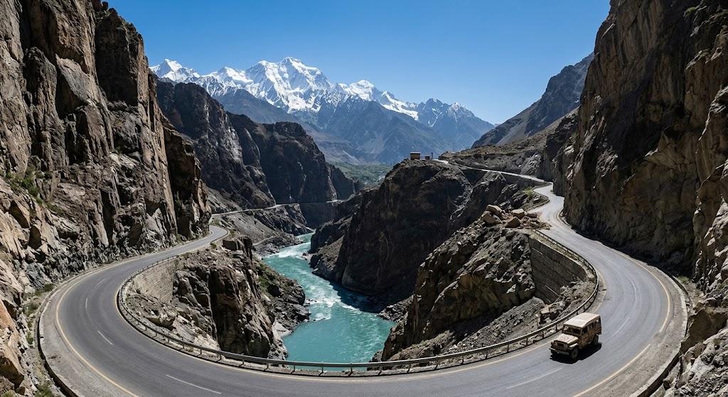 Paved but hazardous Karakoram Highway cutting through a deep, rugged mountain gorge with steep cliffs.