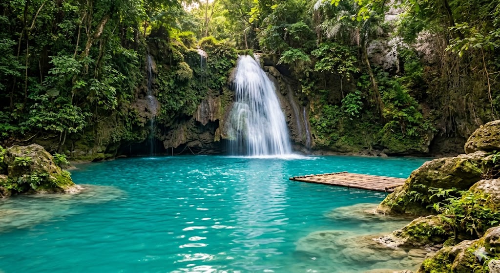 Crystal clear turquoise waters of Kawasan Falls cascading down rocks surrounded by a lush tropical jungle in Cebu, Philippines.