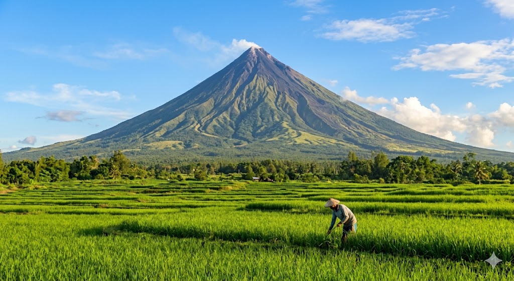 The perfectly symmetrical cone of Mount Mayon volcano towering over lush green rice terraces and a local farmer in Albay, Philippines.