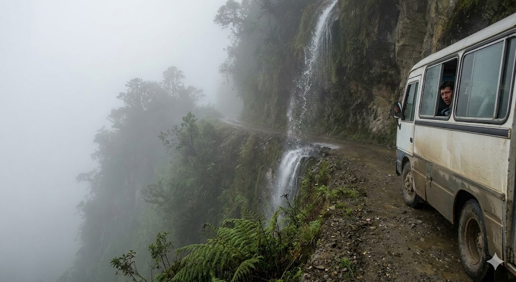 Local bus navigating the narrow and foggy North Yungas Death Road along a steep precipice in Bolivia.