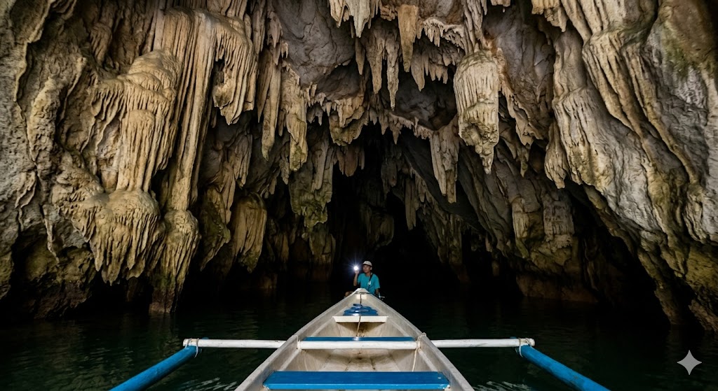A small paddle boat exploring the dark limestone cave and ancient stalactites of the Puerto Princesa Underground River in Palawan.