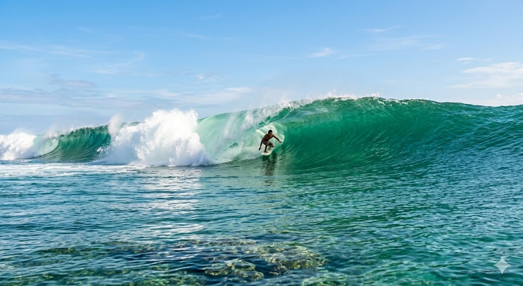 A surfer riding inside a massive, crystal-clear barrel wave at the famous Cloud 9 surf break on Siargao Island, Philippines.