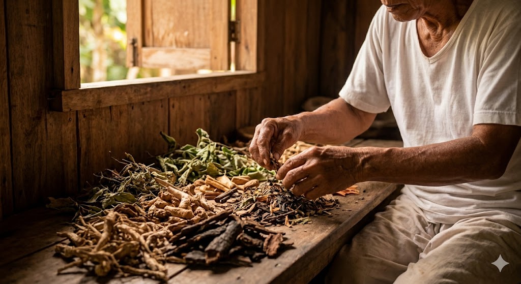 Close-up of a traditional shaman's hands preparing medicinal herbs and natural remedies in a wooden hut on the mystical island of Siquijor