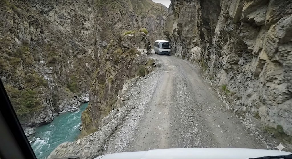 Narrow unpaved dirt track of Skippers Canyon dangerous road alongside a steep cliff in New Zealand.