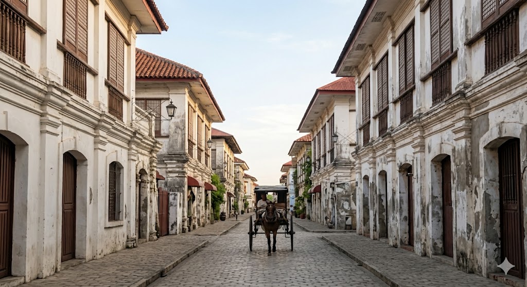A traditional horse-drawn Kalesa carriage riding down the cobblestone streets of Calle Crisologo among Spanish colonial houses in Vigan City.