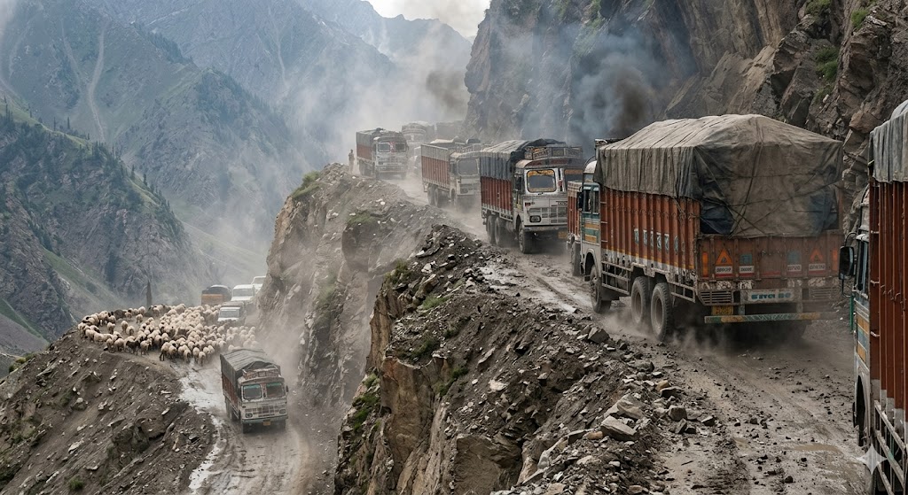 Traffic jam with heavy trucks and sheep on the hazardous Zoji La Pass dirt road in the Indian Himalayas.